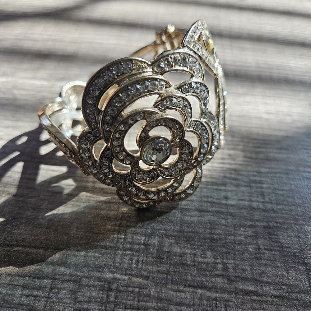 Gold Bracelet CZ Stones Rose Flower Design